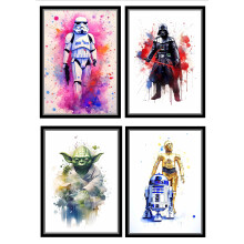Signed by the stars Set of 4 individual Star Wars Art Prints Storm Trooper, Darth vader, Yoda, C3PO R2D2 Print size 29.7cm x 21cm each