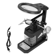 Suporte para ferro de soldar com LED e lupa de 2,5x, 4x e 16x com clipe.