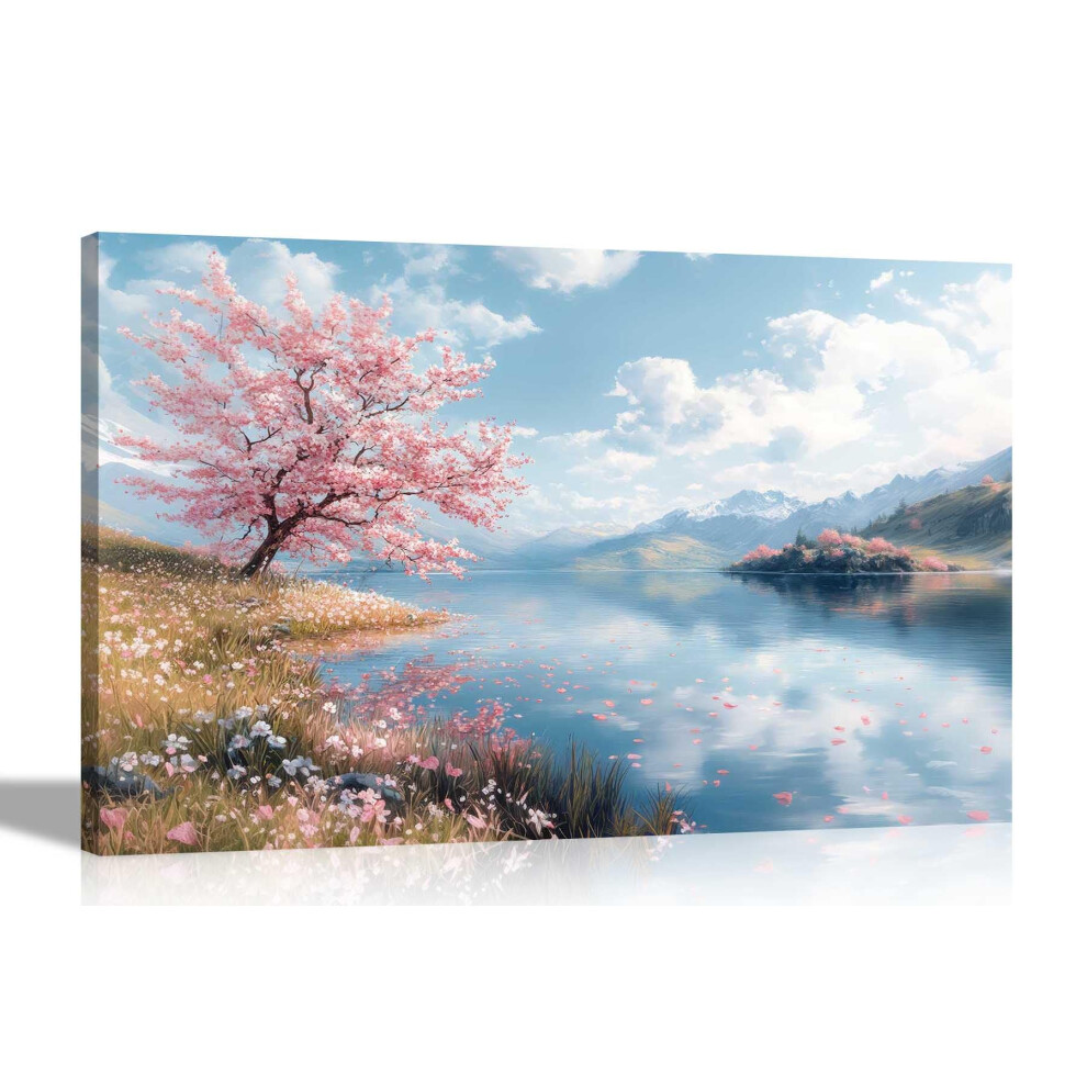 Artley Prints - Autumn Lake Mountain Landscape Tree Canvas Prints Framed Wall Art Scenery Pictures Home Office Living Room 60 X 40Cm (24 X 16 Pink