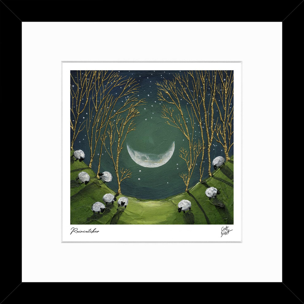 Artko Moon And Sheep Framed Print Wall Art - Countryside Scenic Home Decor - Geoff Beckett Artwork - Ready To Hang 'Raincatcher' Painting - 33.5 X