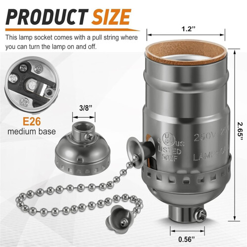 Vintage E26 Lamp Socket with Pull Chain Switch,4Pack Bulb Base for Table & Floor Lamps Replacement Parts 2