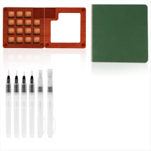 Mini Watercolor Paint Set,Portable Paint Palette Travel Kit 15 Grid Wooden Paint Box, Sketch Book with Brush Pens