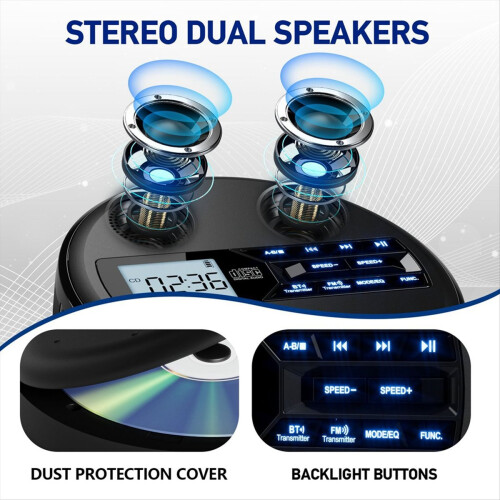 Multifunctional Discman CD Player with Bluetooth, FM, Headphones, Repeater, Learning Machine, USB Stereo Speaker Black 2