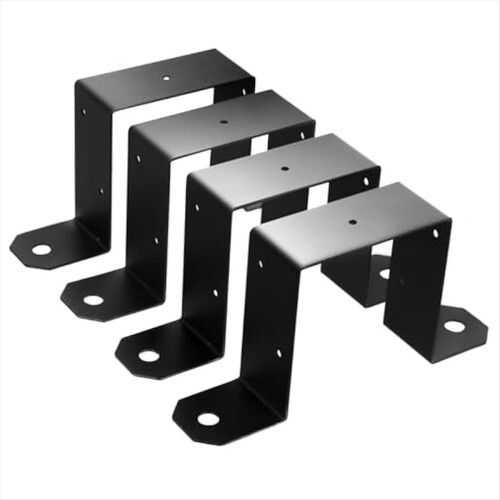 Conjunto de 4 abraçadeiras pretas para postes de 4x4 polegadas com suporte em U, ideais para fixar postes de metal em cercas de madeira.