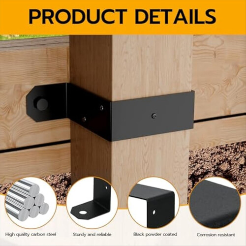 Conjunto de 4 abraçadeiras pretas para postes de 4x4 polegadas com suporte em U, ideais para fixar postes de metal em cercas de madeira. 1