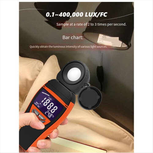 Light Meter, Digital Lux Meter 270 Rotatable Detector, Large Color Backlit Display, Illuminance Meter Temp 2