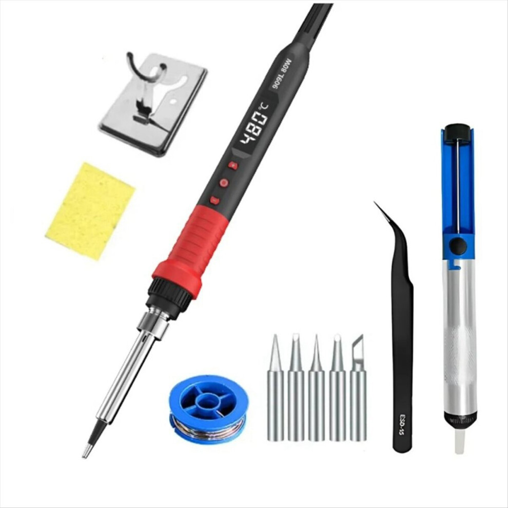 80W Soldering Iron Kit Adjustable Temperature Lcd Solder Tool Ceramic Heater Soldering Tips Tweezers Soldering Wires(Eu) 4854274097626