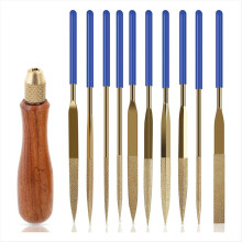 10 Pcs Needle File Set, Wooden Handles with Brass Collet Chuck, Balance Shock Absorbing Wood Handle File Hexagon Shank