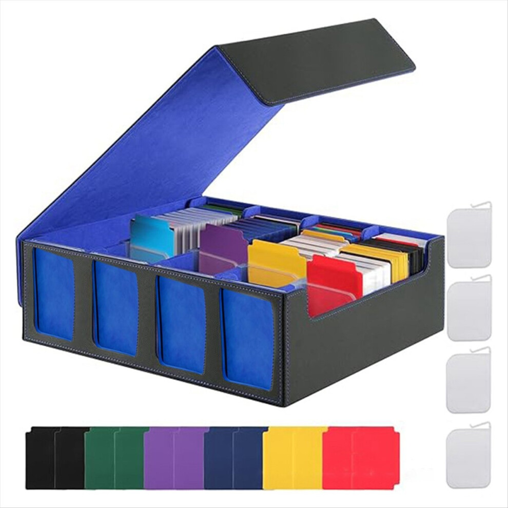Trading Card Storage Box With Window, 4-Row Deck Case With Removable Lid,Card Deck Box For Game Sports Card & Black/Blue 4854274036335