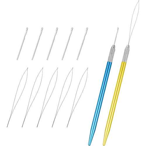 12 PCS Hair Extension Loop Tool, for Hair Styling, Bead Device Tool and Wire Pulling Hook Tools for Silicone Beads