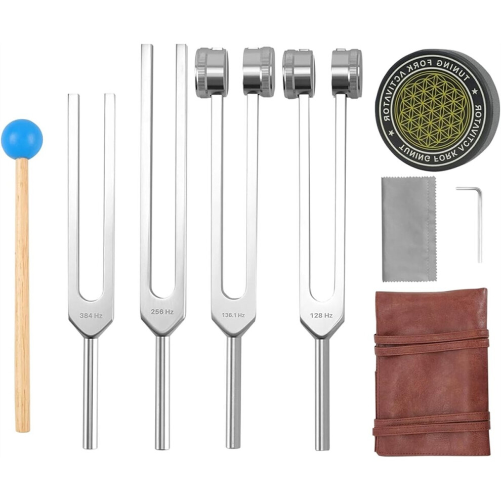 Tuning Forks for Healing Set, 128Hz, 136.1Hz, 256Hz, 384Hz & Activator for Healing Chakra Set Sound Healing Therapy