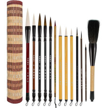 13PCS Chinese Calligraphy Brush Set, Writing Brush Bamboo Storage Scoll, Chinese Kanji Sumi-E Drawing Watercolor Brush