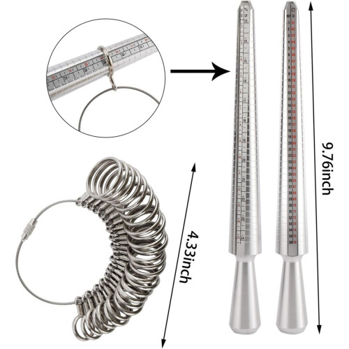 Ring Sizer Measuring Tool Set, 12 Pcs Ring Mandrel, Ring Sizer, Rubber Hammer, Plastic Ring Sizer Gauge, Wood Ring Clamp 2
