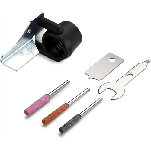 Kit d'affûtage pour outils d'extérieur avec meules et guide d'angle d'affûtage