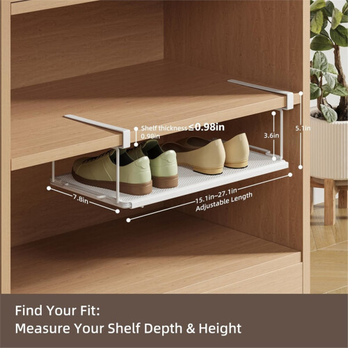 Expandable Under-Shelf Shoe Rack for Closet(1-Pack) - Adjustable Under Shelf Storage Organizer, No-Tool Installation 1