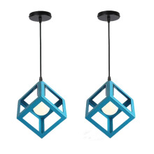 2X Retro Ceiling Lights Modern Hanging Lamp Square Pendant Light (Light Blue) Iron Metal Cage Pendant Light Creative Geometric Ceiling Light