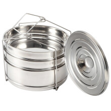 Conjunto de cestos de aço inoxidável empilháveis para cozinhar arroz, legumes, carne e peixe no vapor.