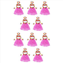 6 Set Hawaiian Grass Skirt Flower Hula Lei Wristband Garland Fancy Dress Costume - Pink