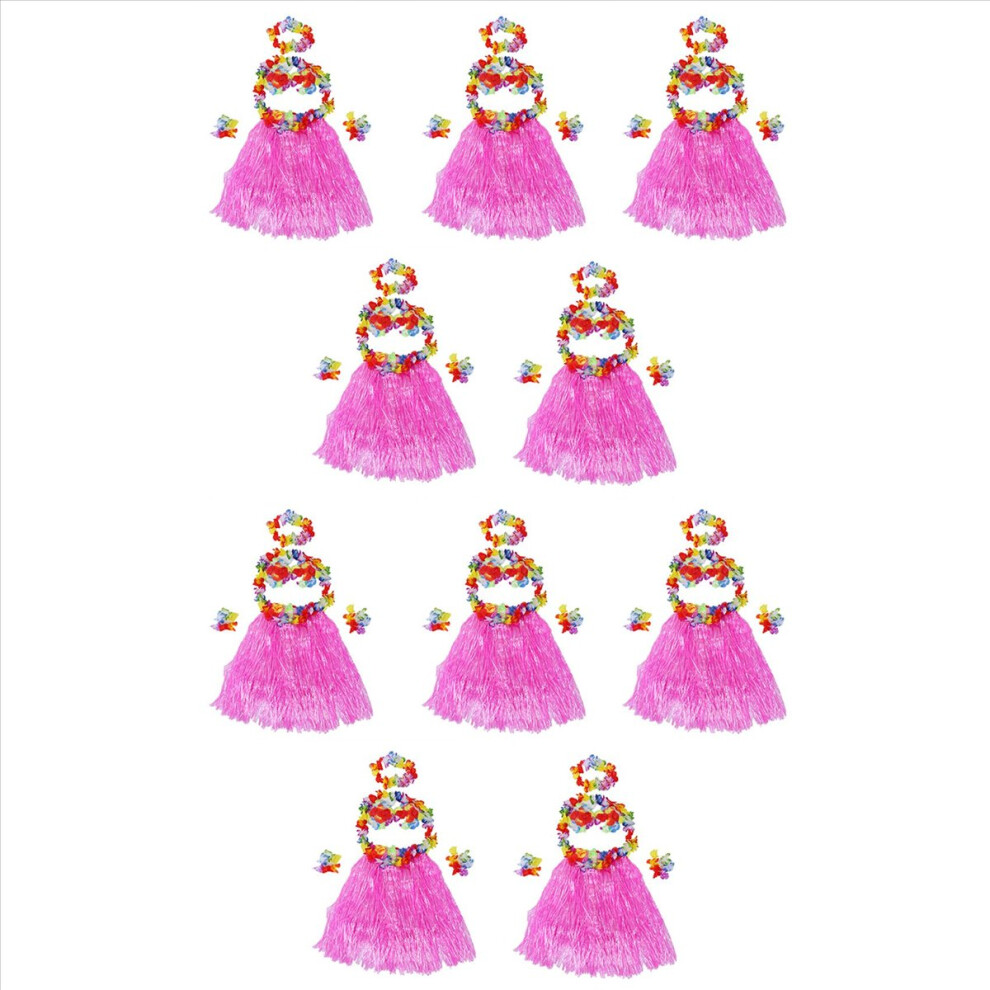 6 Set Hawaiian Grass Skirt Flower Hula Lei Wristband Garland Fancy Dress Costume - Pink 4852750254358
