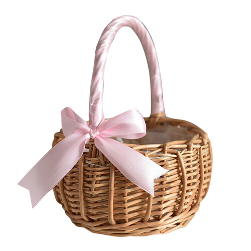 Wicker Woven Flower Basket, with Handle and Pink R 1