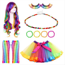 Rainbow Wig Long Curly Tulle Skirt Gloves Dress Se