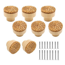 8 Pack Boho Rattan Knobs for Dresser Drawers Wood