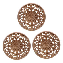 3X Carved Flower Carving Round Wood Appliques for