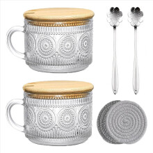 Juego de 2 tazas de café vintage de vidrio, tazas de té con tapas de bambú y posavasos.