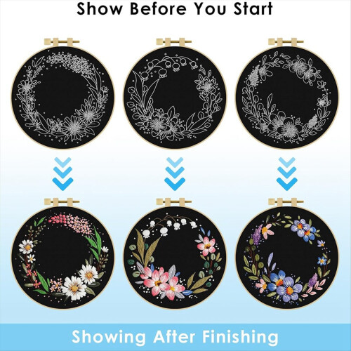 3 Pack Embroidery Kit, Floral - Set for Beginners Include Cloth Hoops 2