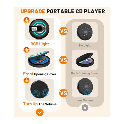 Portable CD Player with Speaker Bluetooth Disman for Car with FM Transmitter,AUX/USB Supported, LCD Display RGB Light 2