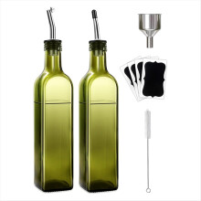 Zestaw 2 zielonych szklanych dozowników do oliwy i octu z 2 nalewakami ze stali nierdzewnej i 4 etykietami (500 ml)