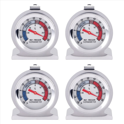 4Pc Refrigerator Thermometer, with Red Indicator Thermometer for Freezer Cooler Hanging Hook and Stand