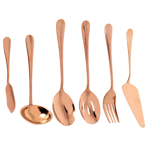 6-Piece Serving Flatware Silverware Set, Utensil Set,Include Cake Server, Slotted Spoon Rose Gold