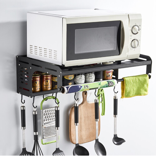 Living And Home 2-Tier Wall-Mounted Microwave Shelf Spice Rack with 10 Hooks