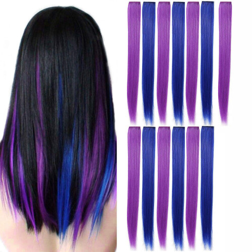 13 pezzi di extension per capelli con clip colorate, per feste, da 55 cm, lisce e sintetiche, viola e blu 1