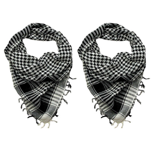 2X Unisex Κασκόλ Πολυεστέρας με Καρό Φούντα Arab Desert Shemagh, Μαύρο