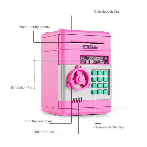 Cofrinho Eletrônico Automático Mini Caixa de Segurança para Moedas e Dinheiro com Senha e Chave - Presente Ideal para Crianças - Rosa 2
