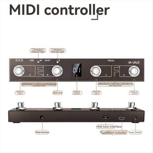 Wireless MIDI Controller Pro Keyboard Page Turner Foot Switch Support MIDI Host Interface Control Function Brown