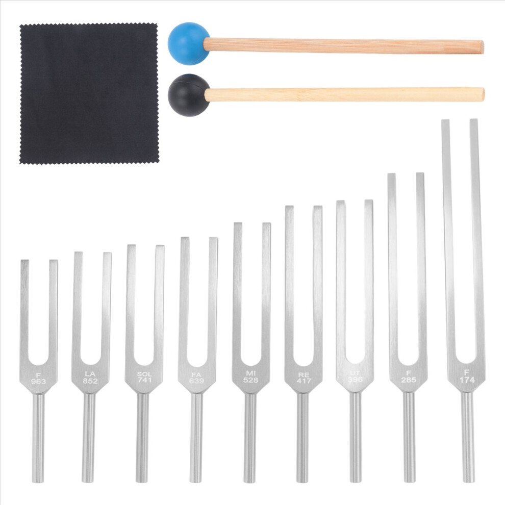 Silver Tuning Forks Set 9Pcs 174/285/396/417/528/639/741/852/963Hz Tuning Fork,Sound Healing Tool Set For Healing Chakra