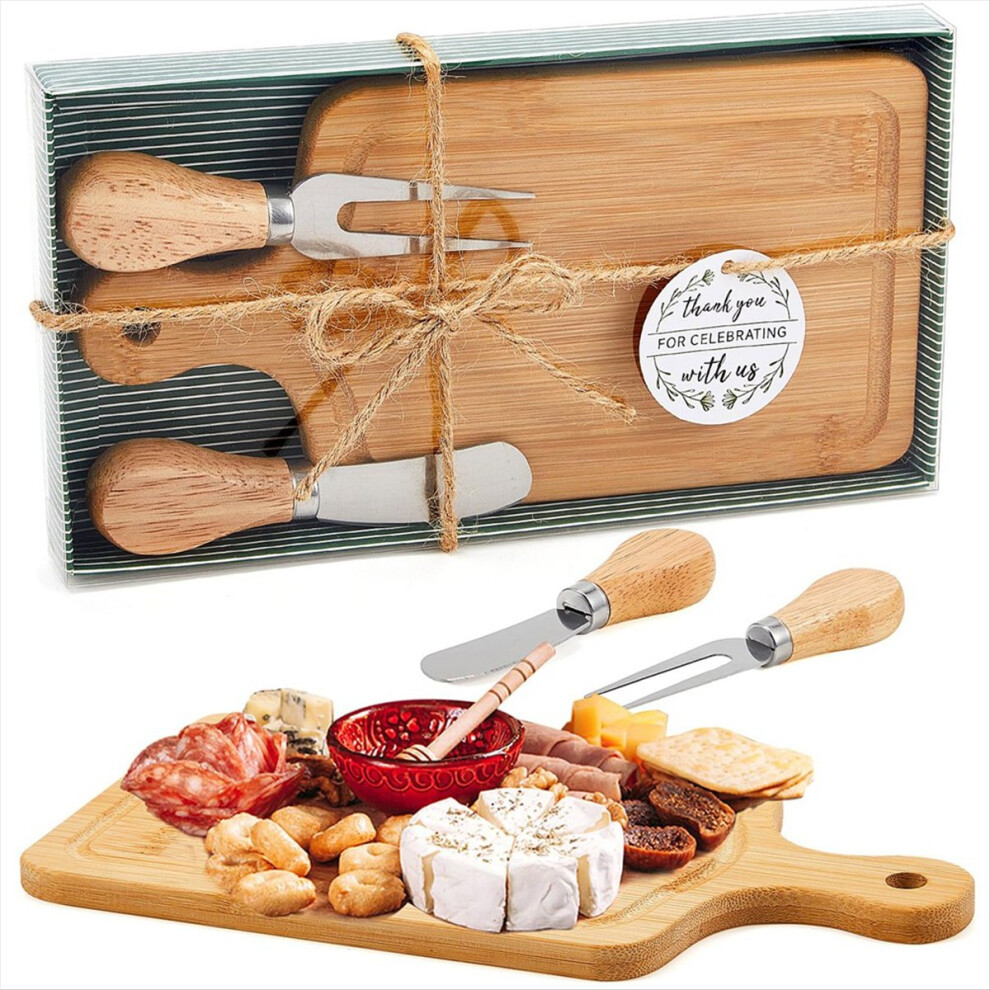 Bamboo Cheese Board Set with Knives, Forks & Thank You Tags - Ideal for Bridal Baby Showers, Housewarming Gifts