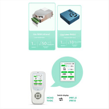 9-in-1 luchtkwaliteitsdetector met standaard, realtime luchtmeting, PM1.0, PM2.5, PM10, CO2, HCHO, temperatuur en luchtvochtigheid met waarschuwing.