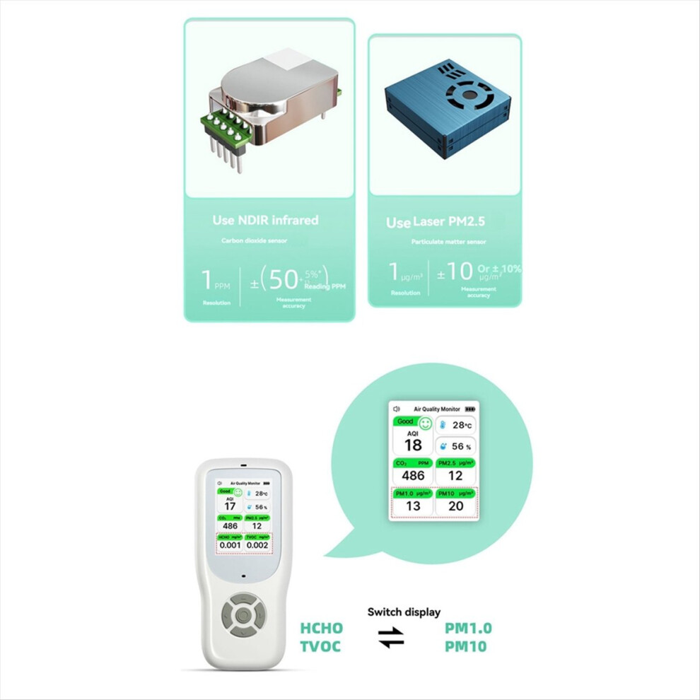 9in1 Air Quality Detector with Stand Real-Time Air Meter Test PM1.0 PM2.5 PM10 CO 2 HCHO Temperature Humidity with Alert