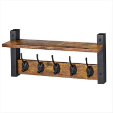 Kapstok met haken voor wandmontage en plank - Wandkapstok met 5 stevige haken - Zwevende wandplank met haken