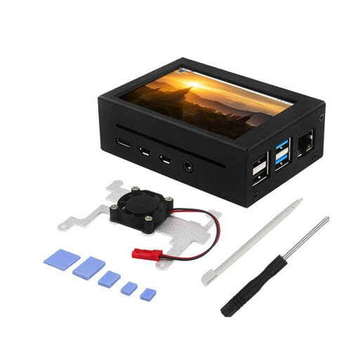 Para Raspberry Pi 4 B: Tela sensível ao toque de 3,5 polegadas, LCD 480x320 com dissipador de calor e ventoinha, em gabinete de alumínio. 1