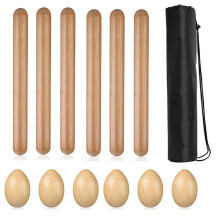 Houten handpercussie-instrumentenset, inclusief 6 ritmestokjes en 6 eivormige schudinstrumenten voor muzikale educatiefeestjes.