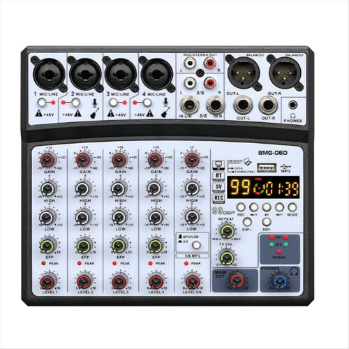 Console de mixagem de áudio de 6 canais com interface USB e placa de som com plugue UE