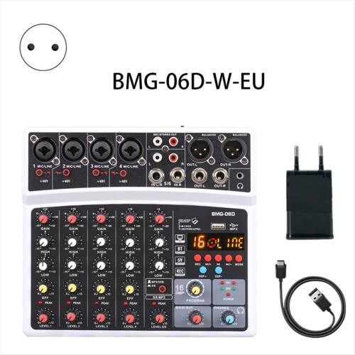 Console de mixagem de áudio de 6 canais com interface USB e placa de som com plugue UE 2