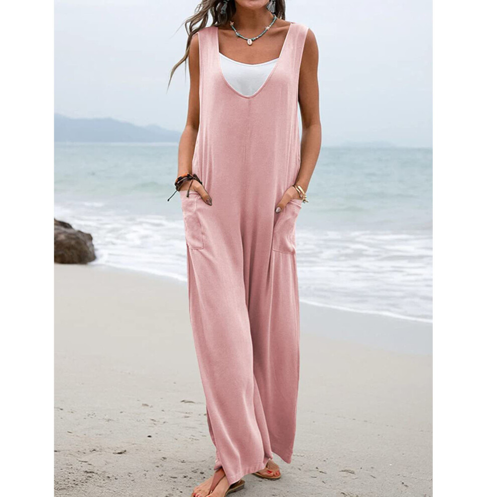 Pink Women's Sleeveless V-Neck Jumpsuit with Patch Pockets, M-image-OPC-PN82QSK-NEW