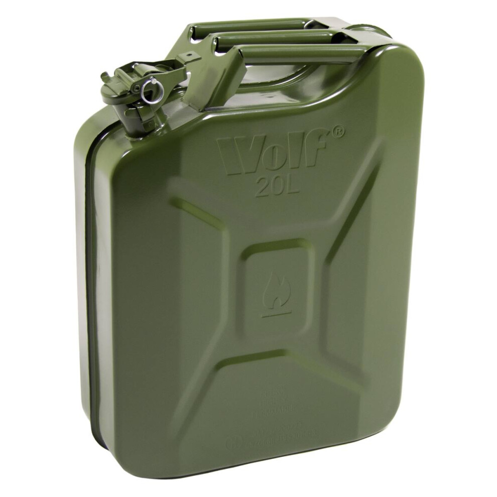 20 Litre Metal Jerry Can Wolf Army With Leak-Proof Bayonet Closure Green 5056109071200