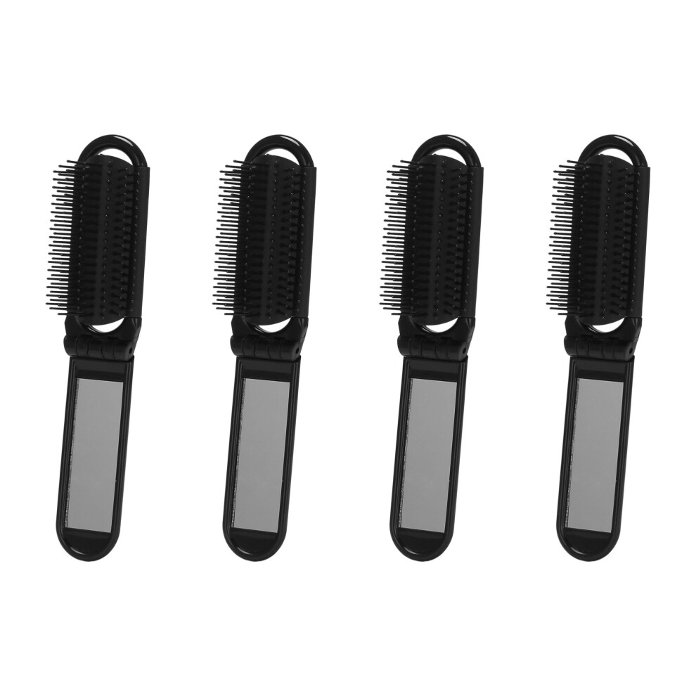 4X Portable Travel Folding Hair Brush with Mirror Compact Pocket Size Comb-Black